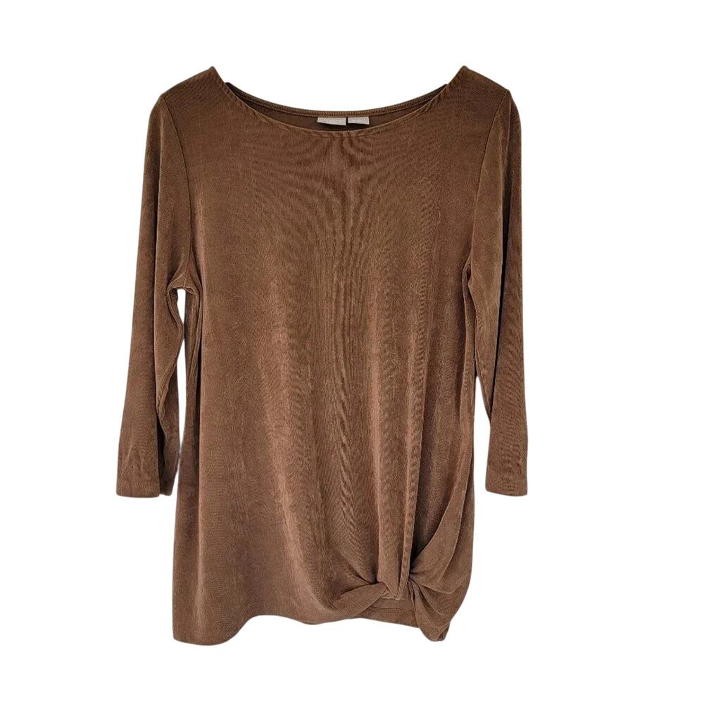 Chicos Travelers Classic Front Tuck Top Brown Women Size 1 M Draped Stretch